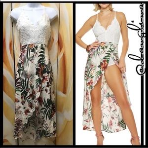 Leaf design high low maxi romper